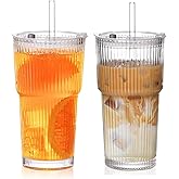 BiBrenies 20oz Ribbed Glass Cups with Lids and Straws, Vintage Glass Tumbler with Straw, 2 Piece Iced Coffee Cups Set, Thicked Wall Drinking Glasses Ideal for Coffee