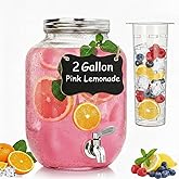 2 Gallon Drink Dispenser for Parties, Glass Beverage Dispenser with Stainless Steel Spigot, lemonade Dispenser with Fruit Infuser, Clear Drink Dispenser for Outdoor, Weddings and Bar Decoration
