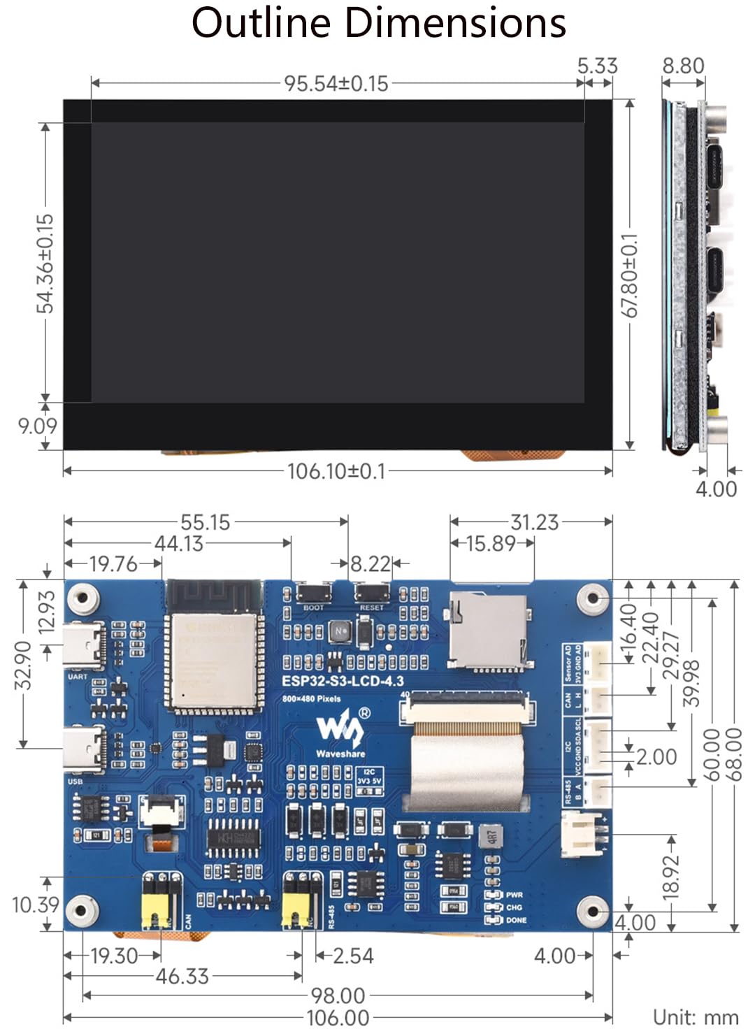 4.3inch Capacitive Touch Screen Onboard ESP32-S3 Microcontroller Development Board, 800x480 Pixels, Support 2.4GHz WiFi and BLE 5, with Sensor/CAN/RS485/I2C Interfaces for Peripherals Expansion