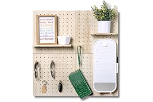 IneVibe Pegboards for Wall Display - 4 Piece Wooden Organizer & Holder for Craft Accessories, Nerf Guns, Jewelry, Games for Use in Kitchen, Garage, Office - 16 Pegs, 2 Shelves & Bag, 26x26 (Natural)