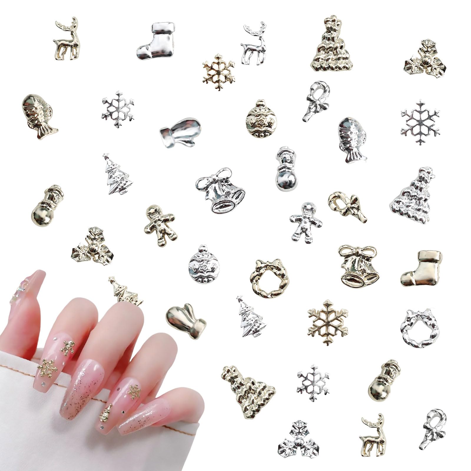 3D Christmas Nail Charms, 60 Pcs Snowflake Christmas Tree Wreaths Bell Elk Santa Christmas Nail Art Charms Gems Gold Silver Metal Nail Studs Nail Jewels for Xmax Holiday DIY Craft Design