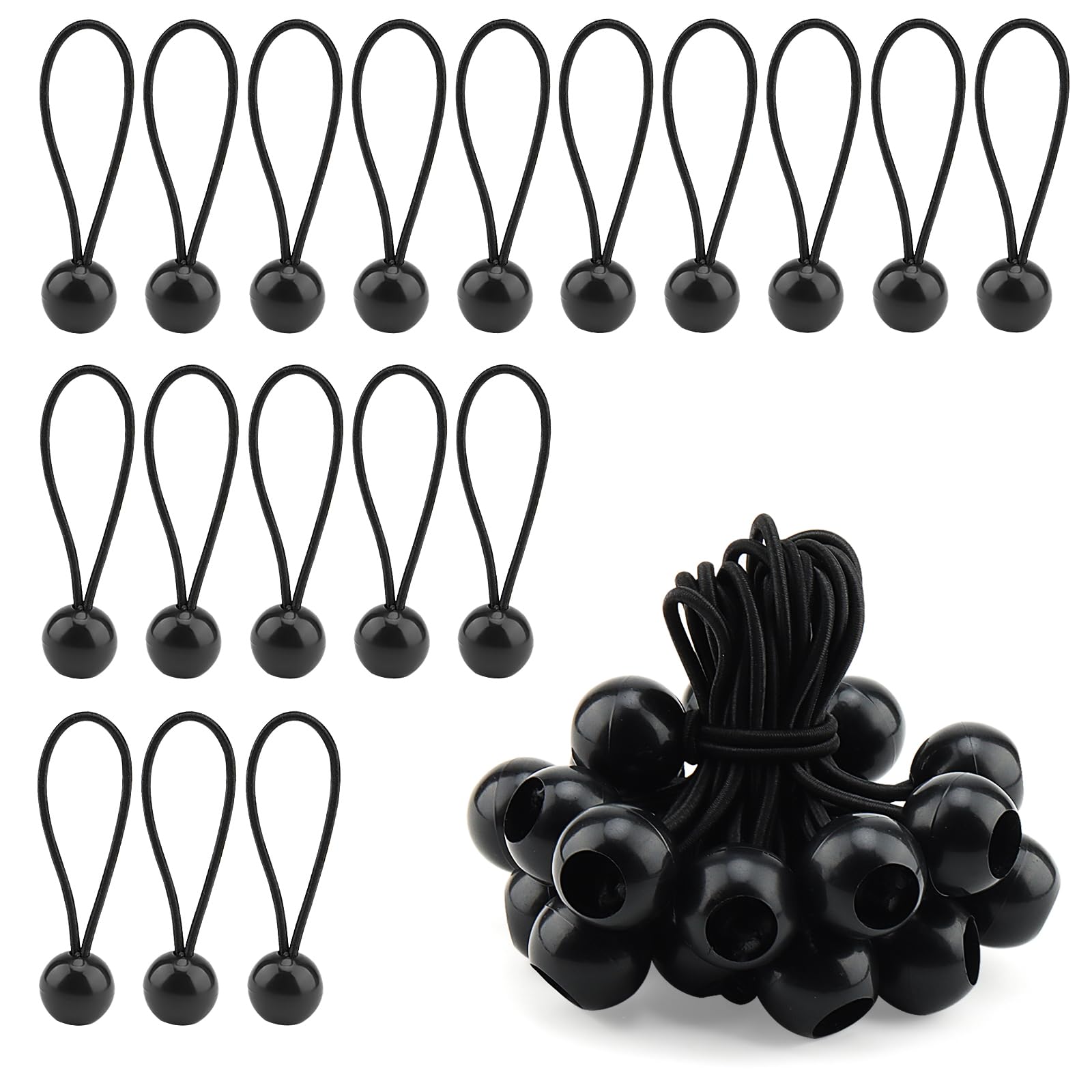 ZEONHAK 50 PCS 4 Inch Bungee Ball,10cm Bungee Cord with Ball, Flag Bungees Ties for Camping Tarp, Tarpaulin, Black