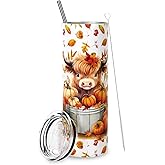 Whaline Fall Highland Cow Tumbler with Lid and Straw Fall Pumpkin Leaves Cow Stainless Steel Cup Autumn Tumbler Cup for Thanksgiving Decor Gift Supplies