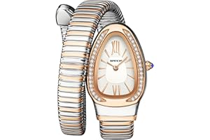 Gosasa Stylish Women's Snake Shape Bangle Watch Unique Design Snake Coil Elegant Dress Diamond Bracelet Ladies Quartz Wristwatch with Roman Numerals Dial