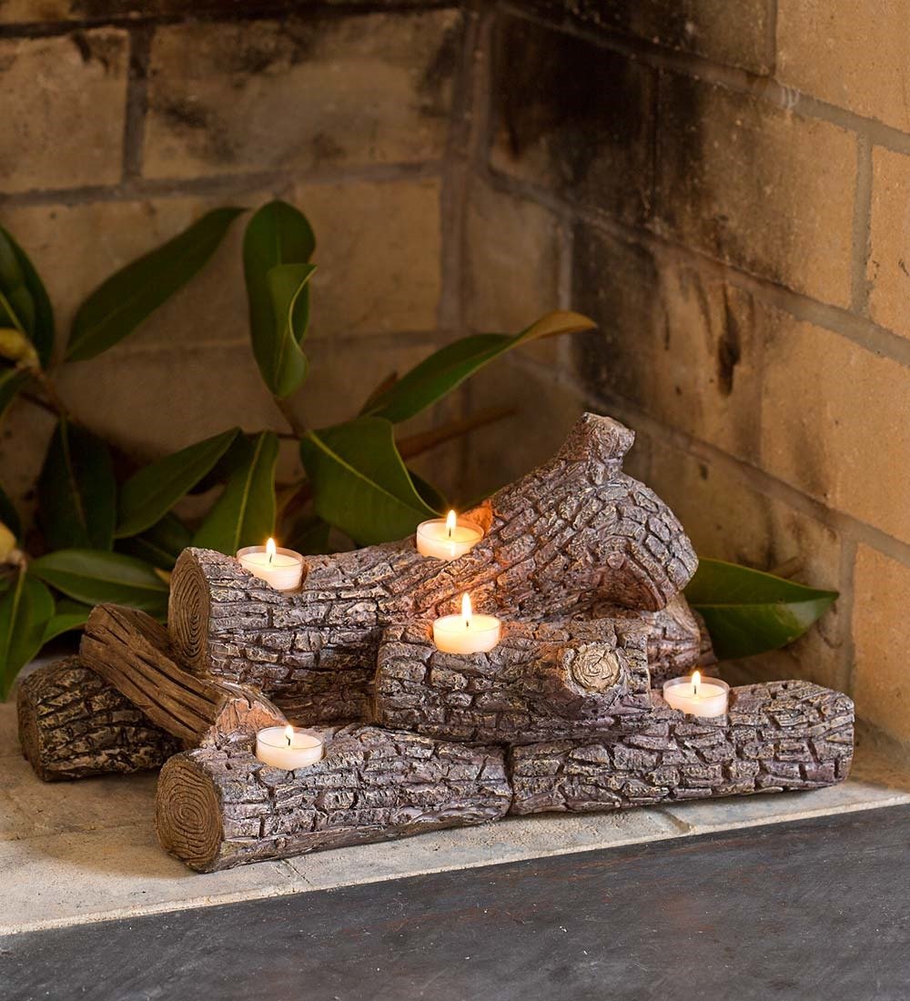Plow amp; Hearth Faux Wood Resin Logs Tea Lights Candle Holder Birch