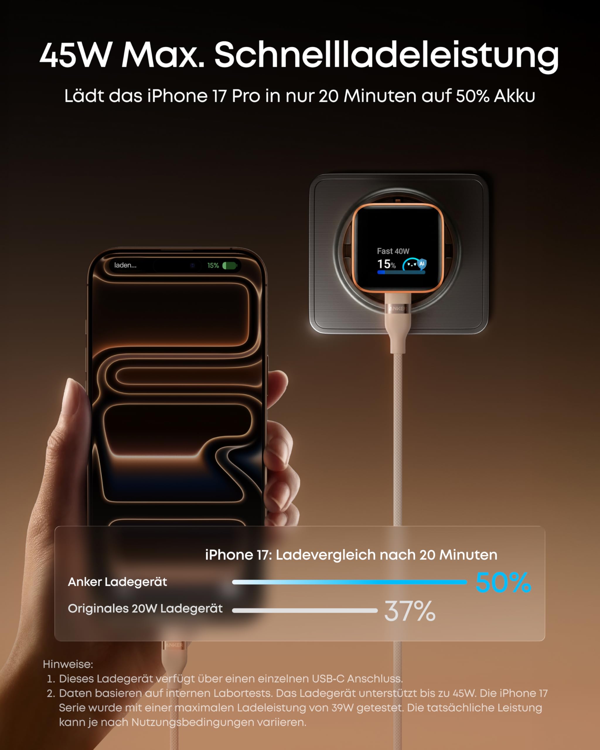 Anker Smart Ladegerät, Anker Nano 45W USB C Ladegerät mit Display und intelligenter Erkennung, integriertem Schonmodus, kompaktes GaN Schnellladegerät für iPhone 17/16/15 Serie, iPad, MacBook 3
