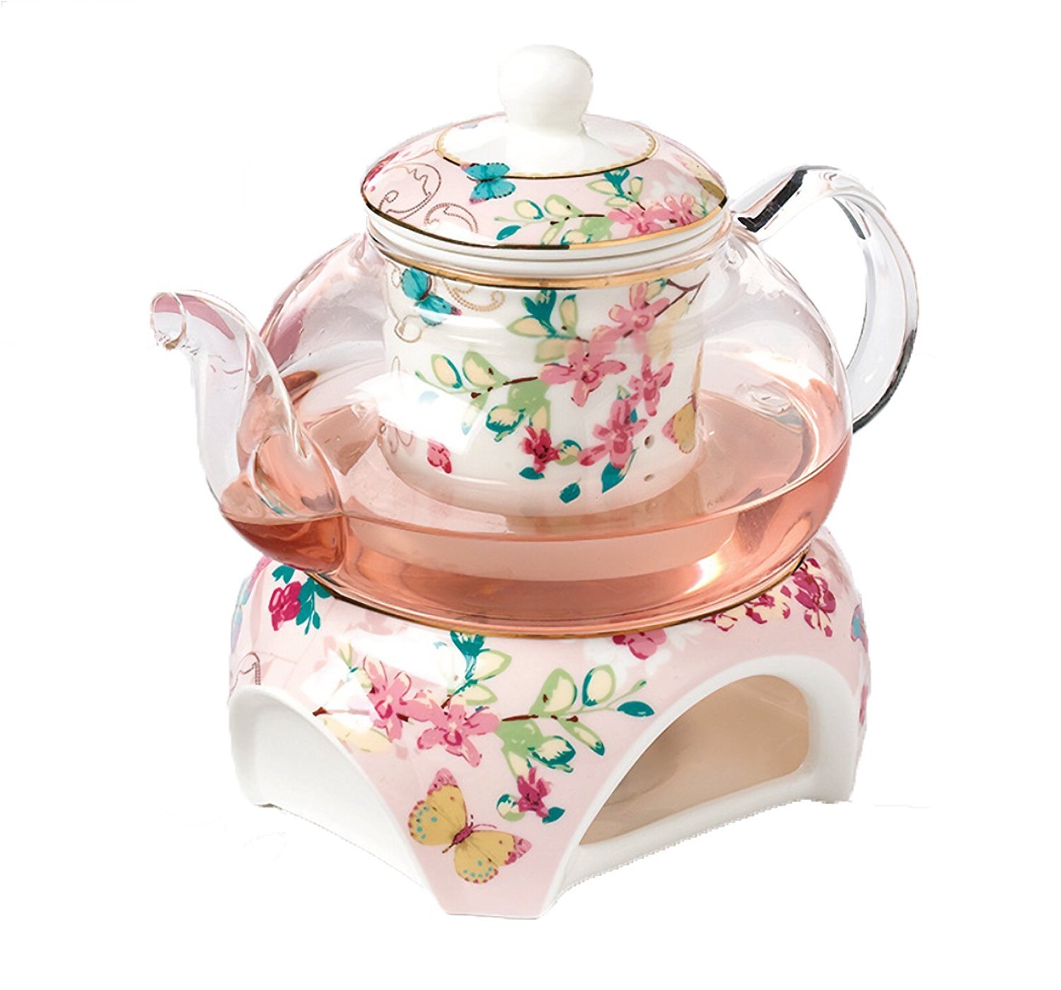 YBK Tech Bone China and Glass Coffee Pot Teapot with Warmer and Tea Infuser (Pink (Butterflies Patterns))