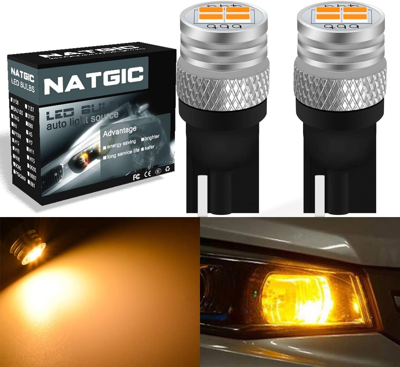 NATGIC T10 168 2825 Led Bulb 1800LM 4 SMD 3020 C-REE Used for Interior Wedge Dome Lights Reading Lights Side Marker Bulbs License Plate Lights,DC 10-16V Halogen Yellow(2-Pack)