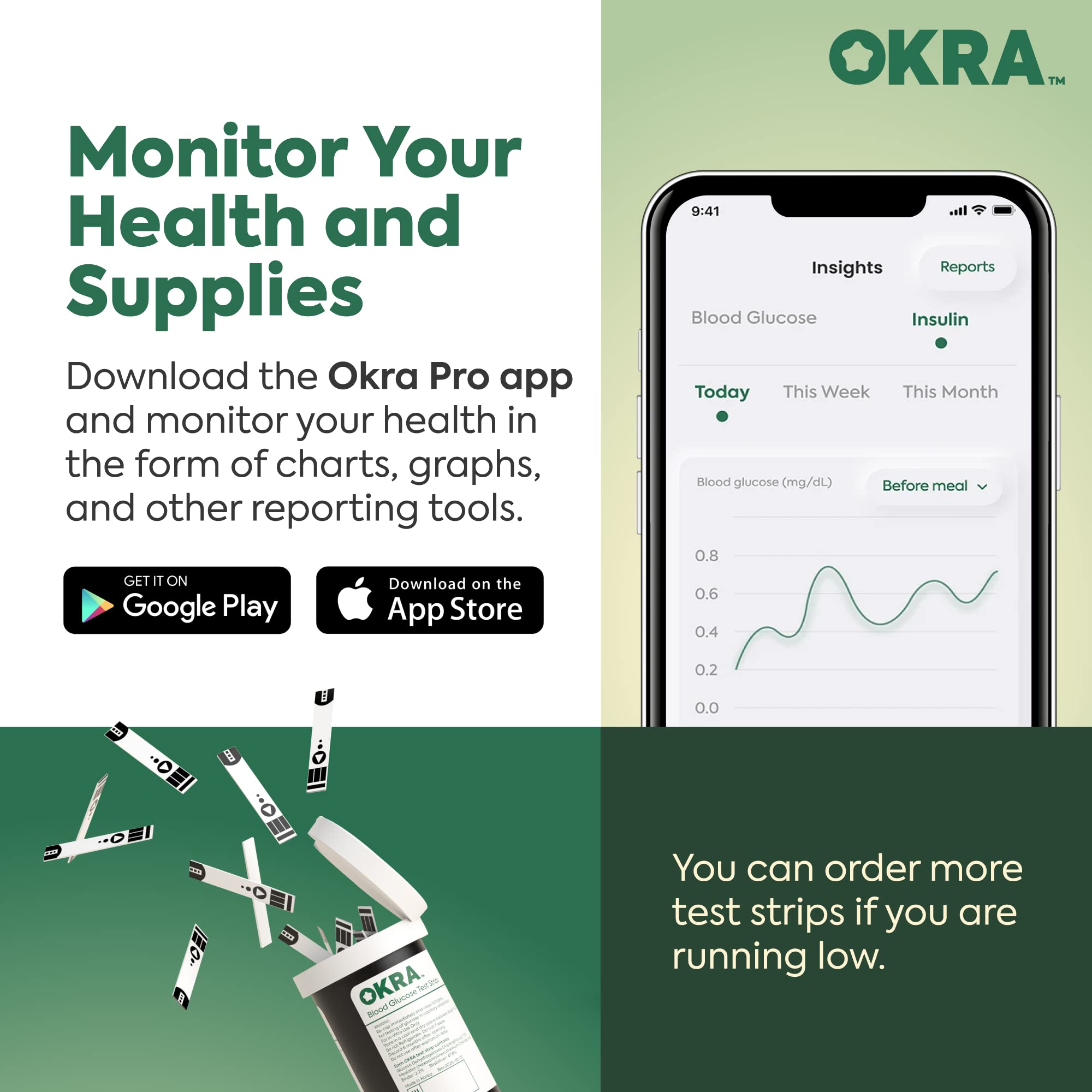 Okra Pro Glucose Monitor Kit + Refill Kit Bundle | Meter, Depth-Adjustable Lancing Device, 125 Test Strips, 125 Lancets, Control Solution and Carry Case