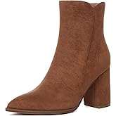 Athlefit Women's Heeled Ankle Boots Fashion Pointed Toe Chunky Block Heel Side Zipper Short Booties