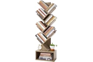 Hoctieon 6 Tier Tree Bookshelf, Tall Bookcase with Drawer, Freestanding Book Shelf, Display Floor Standing Storage Shelf, Book Organizer Shelves for Home Office, Living Room, Bedroom, Greige