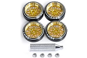 Abendor 4 Pcs Star Shaped Rc Drift Wheels & Logo Drift Tires for 1/24 1/28 Wltoys, [2N+2W] Aluminum Alloy Rims with Rc Drift Car Tires for 1/24 1/28 Mini-Q HGD1 Wltoys K969 K989 k929（Gold