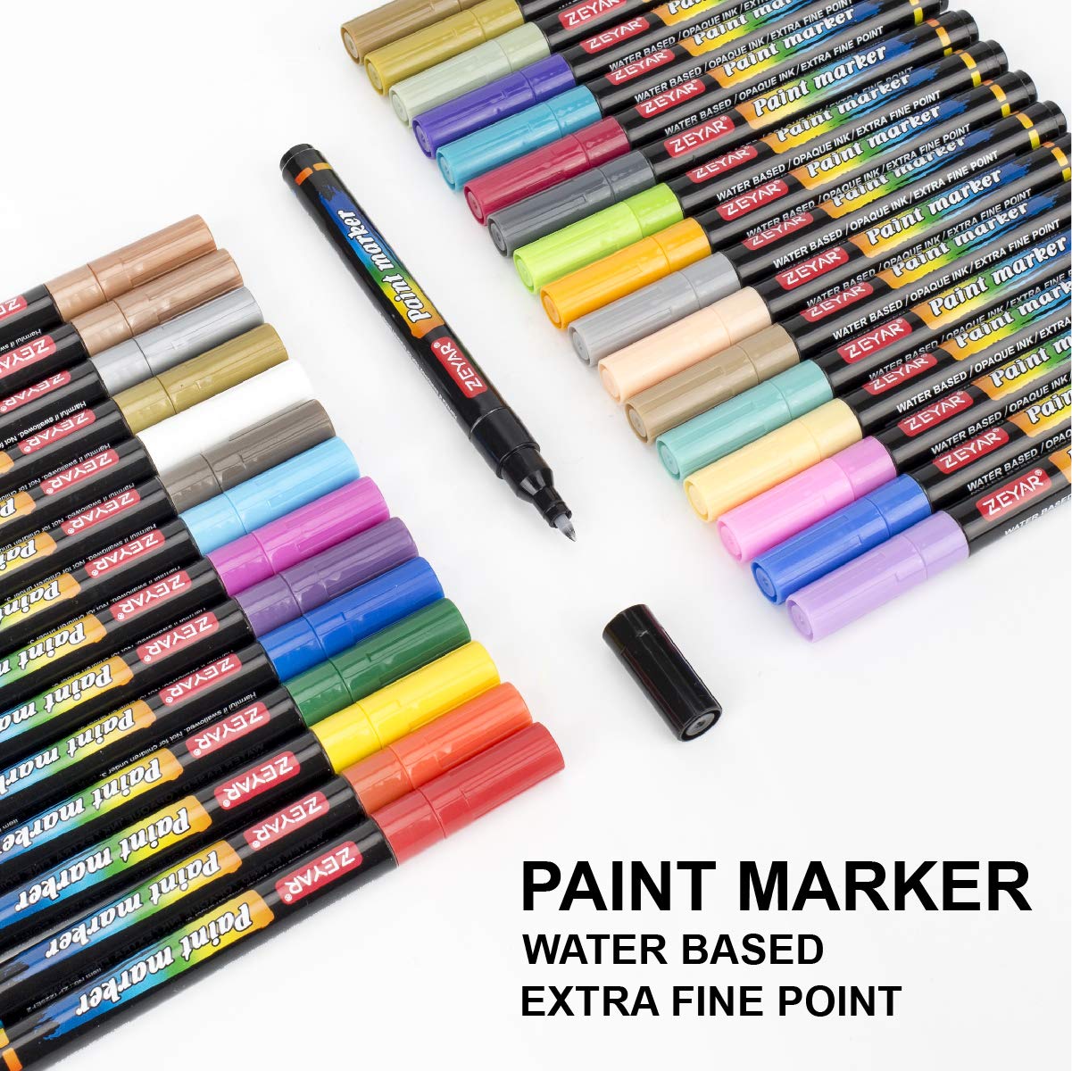 ZEYAR Acrylic Paint Pens, Water based Extra Fine Point, 32 vibrant colors, Opaque Ink, AP Certified, Paint Marker for Glass, Rock, Paper, Ceramic, Plastic and Non porous surfaces