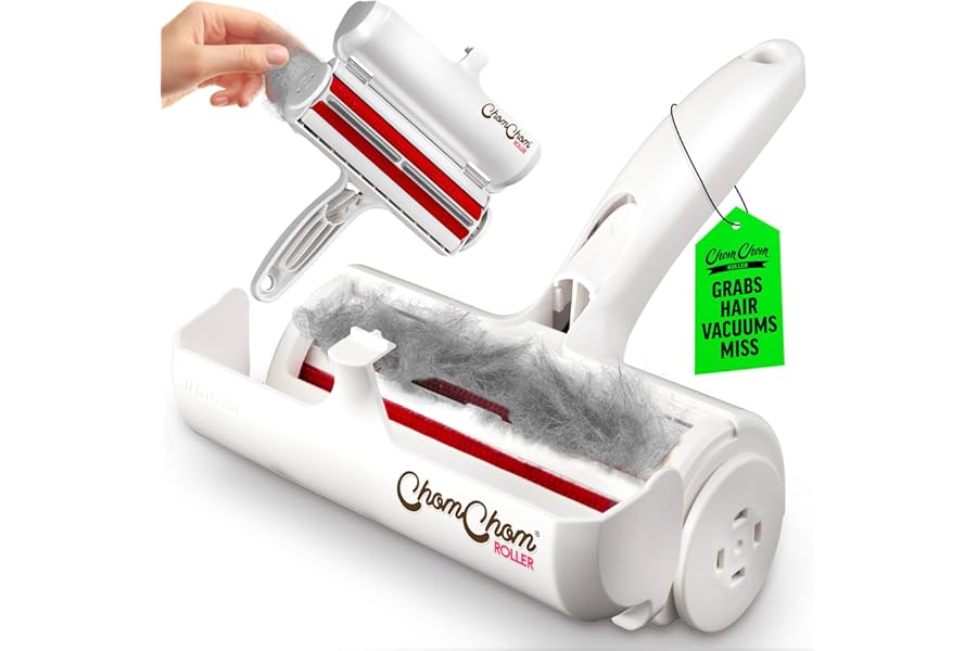 ChomChom Roller Pet Hair Remover – Original Size Reusable Lint Roller for Cat & Dog Hair on Furniture, Couch, Carpet, Car, Rugs & Bedding – Portable, Eco-Friendly (White)