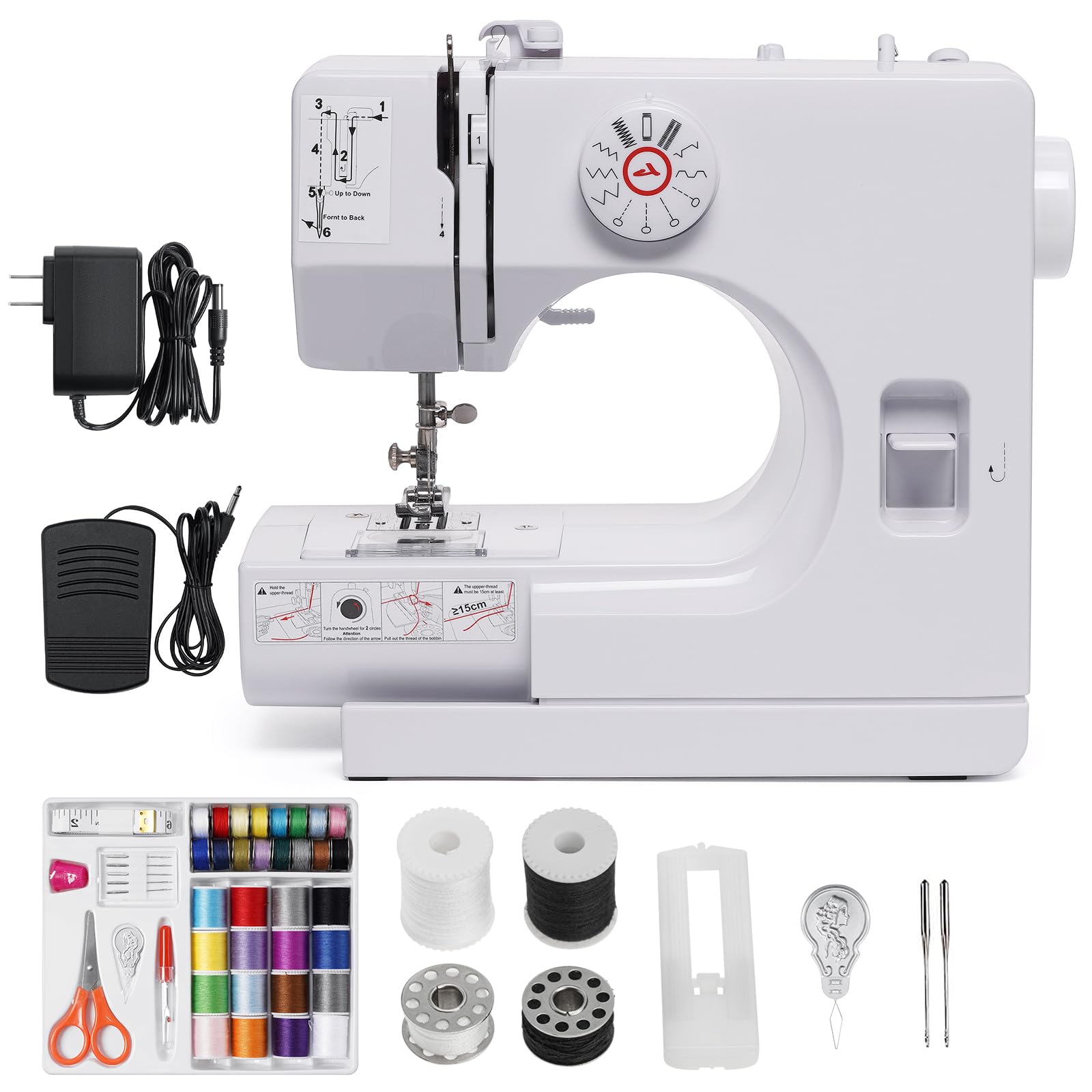 Photo 1 of Mini Electric Sewing Machine for Beginners, Portable Sewing Machine for Kids Adults, Built in Lights &12 Stitches & Reverse Sewing & 2 High-Low Speeds & Foot Pedal &42PCS Sewing Toolkit(White)