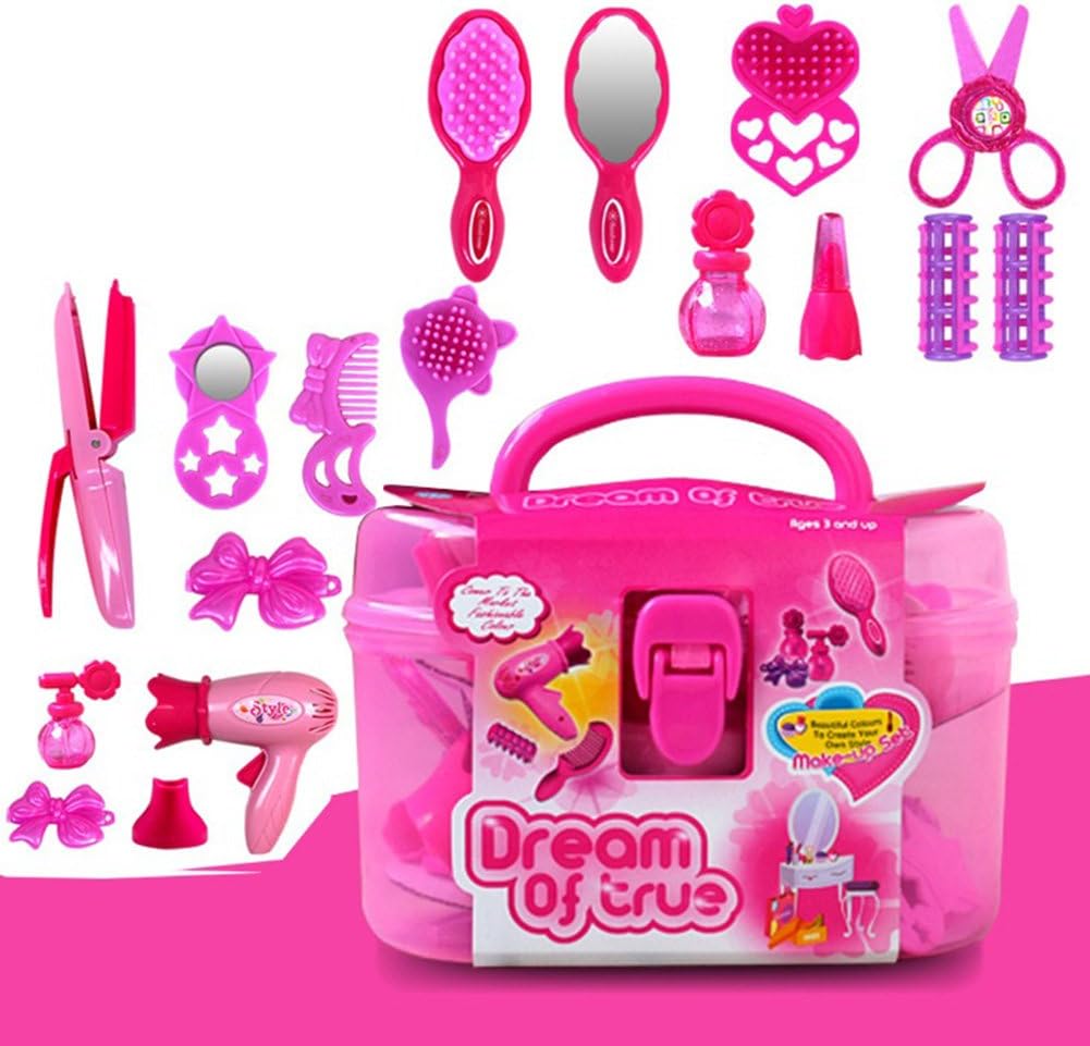 elegantstunning Beauty Salon Toys for Kids Beauty Case with Hair Dryer Comb Perfume Bottle Lipstick Girls Pretend Play Toys Set