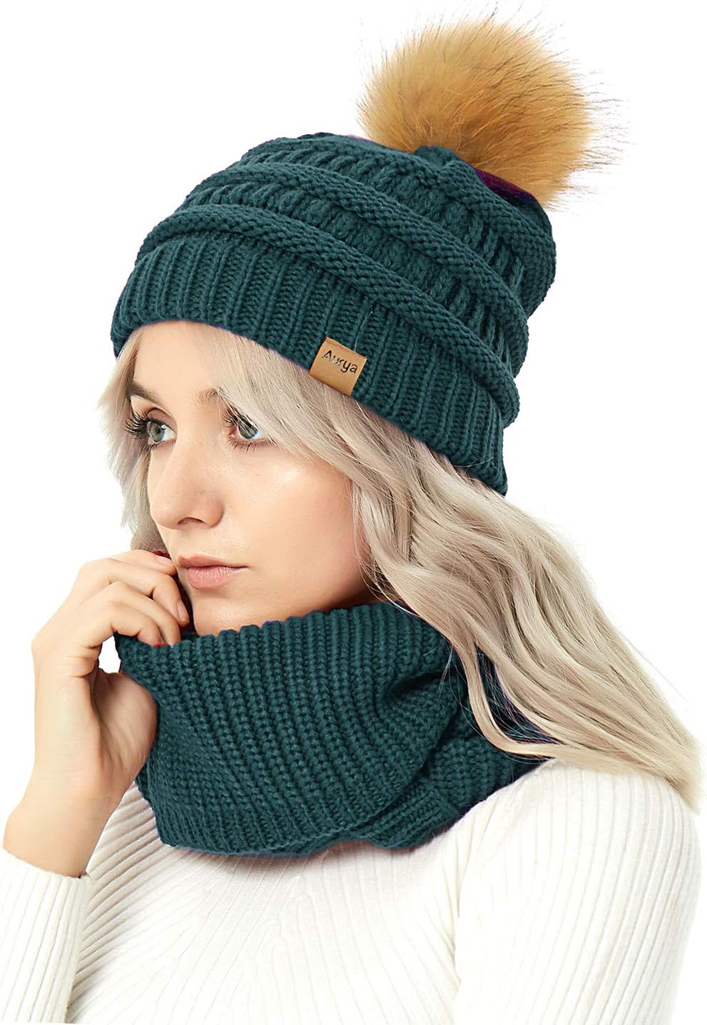 Womens Winter Warm Cable Knit Pom Pom Beanie Hat Cap and Infinity Scarf Set by Aurya
