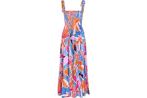 kinstell Women's Summer Boho Spaghetti Strap Square Neck Ruffle Casual Flowy Long Dress Beach Swing Party Maxi Dress