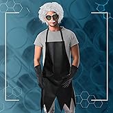 Jiuguva 8 Pcs Halloween Mad Adult Men Women Scientist Costume Accessory Kit Includes Black Apron, White Wig, Green Goggles, Fake Mustache & Beard, Gloves, and Cone Flask for Crazy Scientist Costume