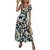 HUHOT Women's Short Sleeve Wrap V Neck Dresses for Wedding Guest Summer Floral Maxi Sundresses with Pockets Boho Dress