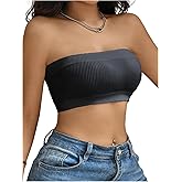 WDIRARA Women's Ribbed Tube Tops Bandeau Bra Wireless Bralette Strapless Tube Top