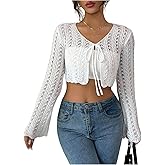 OYOANGLE Women's Tie Front Tops Bell Long Sleeve Hollow Out Tie Neck Elegant Cropped Knit Crochet Cardigan