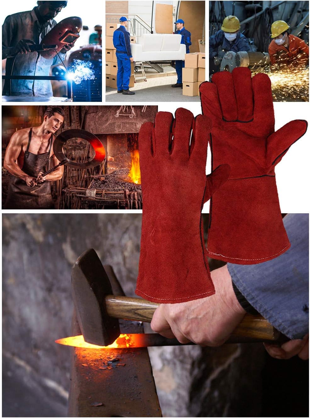 JZK Heavy duty large leather heat resistant heat proof lined welders gauntlets gloves for wood burner log burner BBQ gardening gloves for men - Image 5