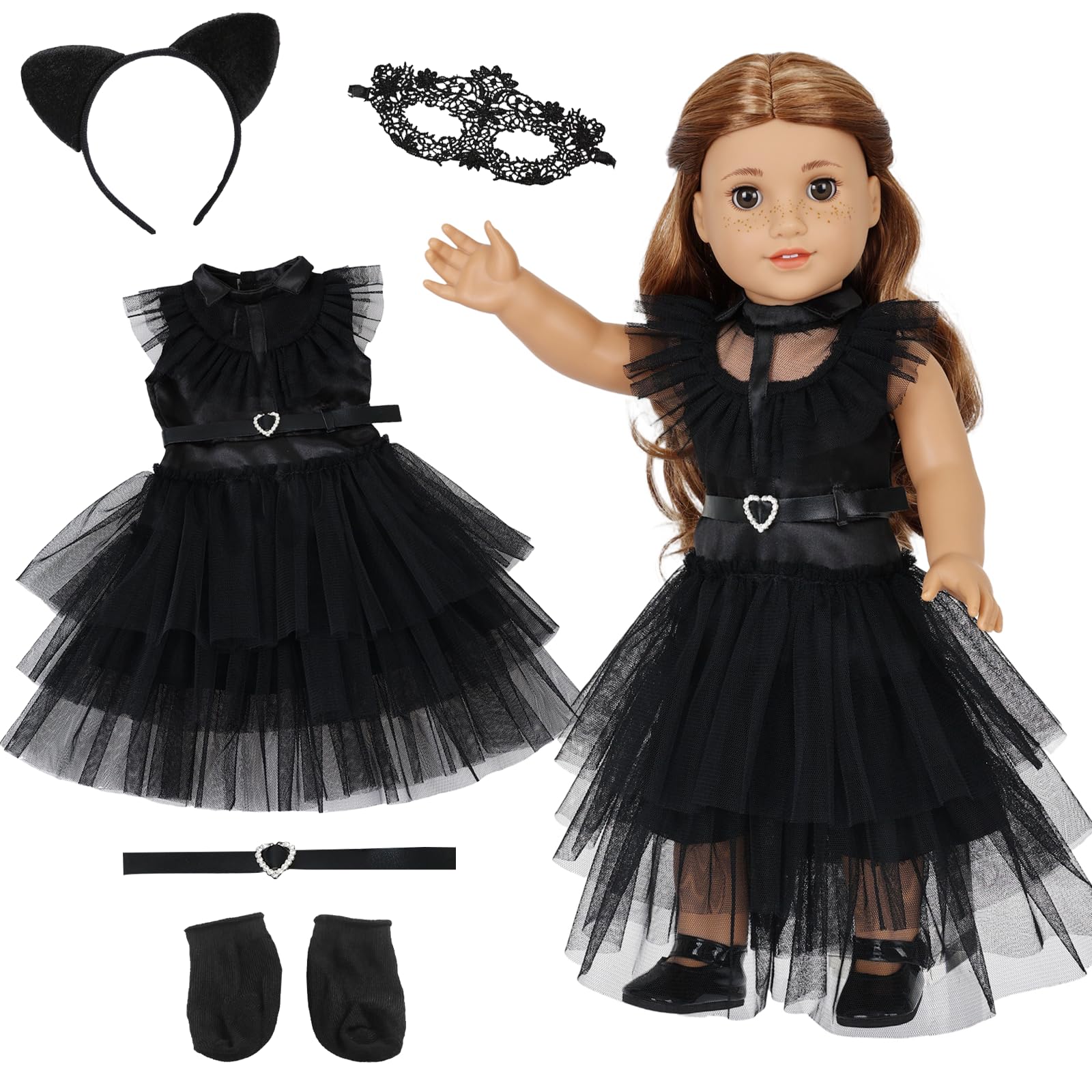 Baby Dolls Clothes for 14-17 Inch Doll, 35-43cm Baby Dolls Clothes Set Include 1 Black Dress 1 Neck Strap 1 Pair Socks 1 Eye Mask 1 Headband 1 1 Tattoo Sticker, Gift for Girls Kids