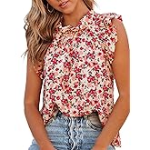 Allimy Women Summer Ruffle Trim Neckline Tank Tops Double Lined Chiffon Blouses