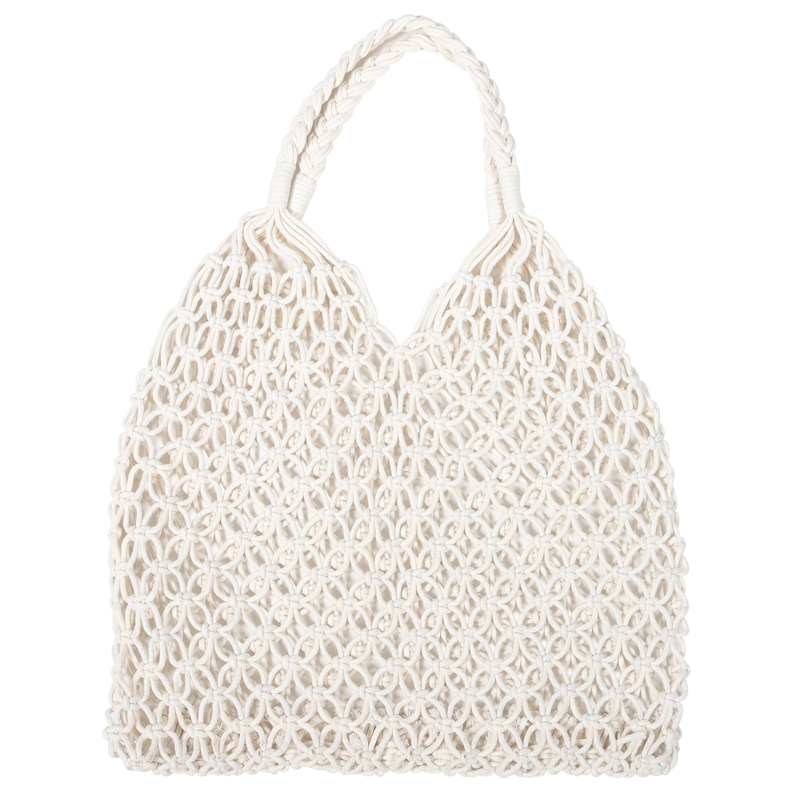 TENDYCOCO Shoulder Bag Mesh Beach Bag Woven Cotton Hollow for Women (White)