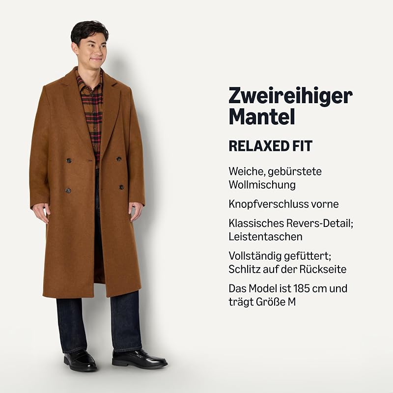 Herren Relaxed-Fit Zweireihiger Langer Mantel Aus Wollmischung, Karamell Heide, L