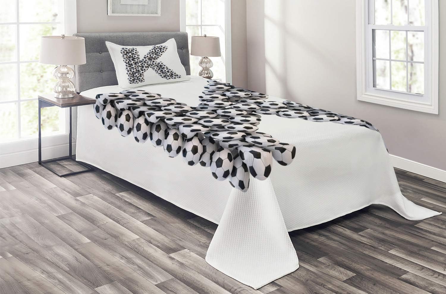 Ambesonne Letter K Coverlet, Alphabet Design with Soccer Balls Composition with Sports Theme Outdoors, 2 Piece Decorative Quilted Bedspread Set with 1 Pillow Sham, Twin Size, Black and White