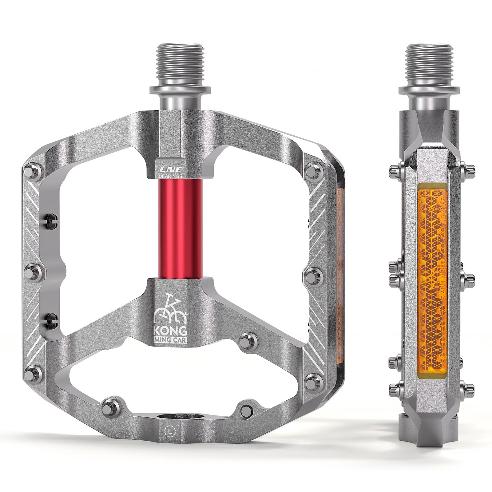 Bike Pedals with Reflective Strips, 3 Sealed Bearings, Non-Slip CNC Aluminum Bicycle Platforms, 9/16 Inch Pedals for Road Bike, MTB, E-Bike. (Silver)