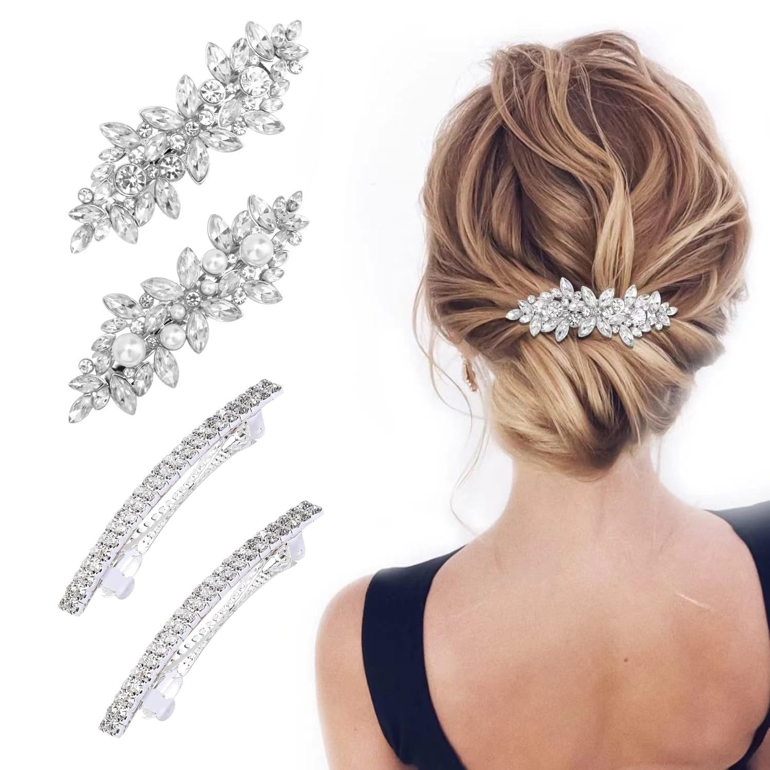 4 PCS Crystal Pearl Bridal Hair Clips - Silver, Fancy Hair Jewelry for Wedding Guest, Bride & Bridesmaid