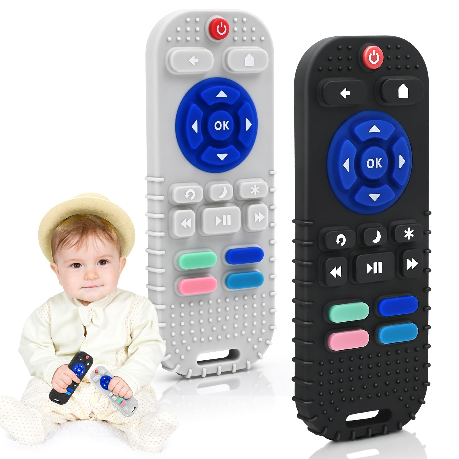 2 Pack Baby Teether for Teething Relief Baby Toys 0 3 6 9 12 Months, Sensory Silicone Remote Control Baby Teether Toy for Babies Newborn Infant Boy Girl Autism Toys for Baby Gifts, Black & Light Gray