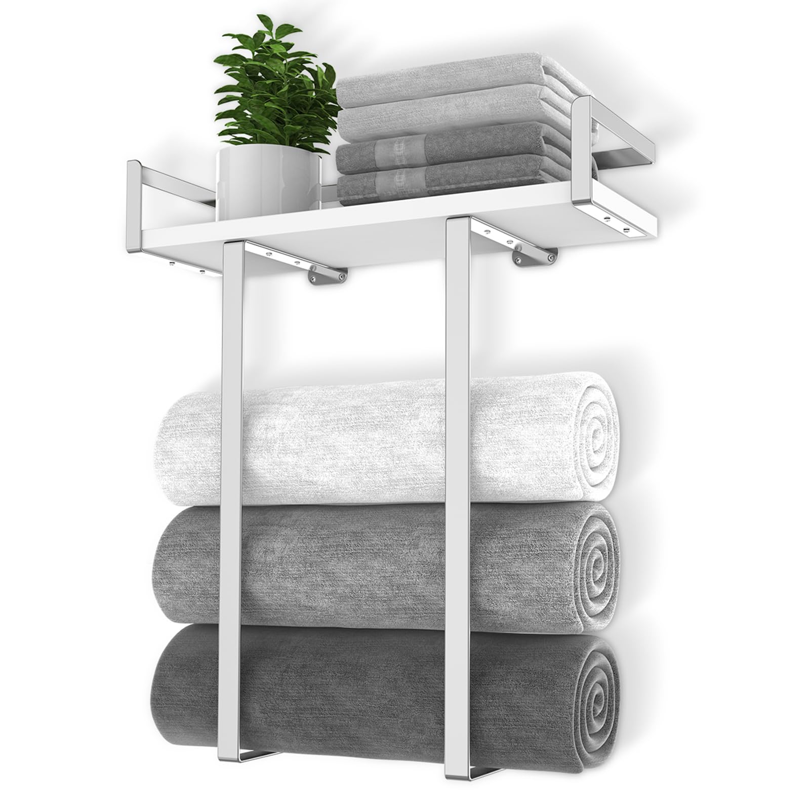Photo 1 of Towel Rack Wall Mounted, Xstydes Metal Towel Holder with Wooden Shelf for Folding Large Towels, Towel Storage for Small Bathroom Organizer Decor or RV Camping, Silver