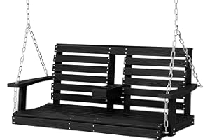 KINGYES Outdoor Hanging Patio Swing Chair, 2 Seat Swing with Cup Holders, Waterproof Bench for Courtyard & Garden, 660LBS Weight Capacity, Black