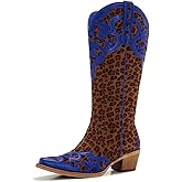ZXHYZLZ Women's Knee High Leopard Print Cowboy Boots – Western Cowgirl Boots with Mid Heel Pull-On Style