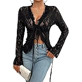 Women's V Neck Lace Sheer Top Sexy Mesh See Through Shirts Open Front Tie Long Sleeve Blouses Y2k Going Out Tops
