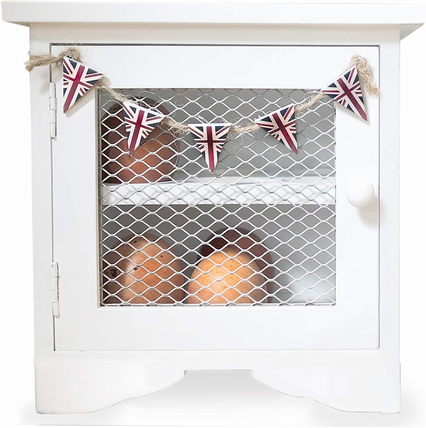 GreyZouq Wooden Country Kitchen Egg Cabinet. Egg Rack with Capacity to hold 12 Eggs. Ideal storage rack with farmhouse rustic effect. Worktop organizer. (White with Bunting) - Image 3