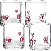 SRCVYLT 4 Pcs Coquette Bow Heart Icon Juice Glasses,Stemless Icon Glasses Set with Heavy Base for Gift Engagement Wedding Party,Wife, Valentines Present, Women, Girlfriend