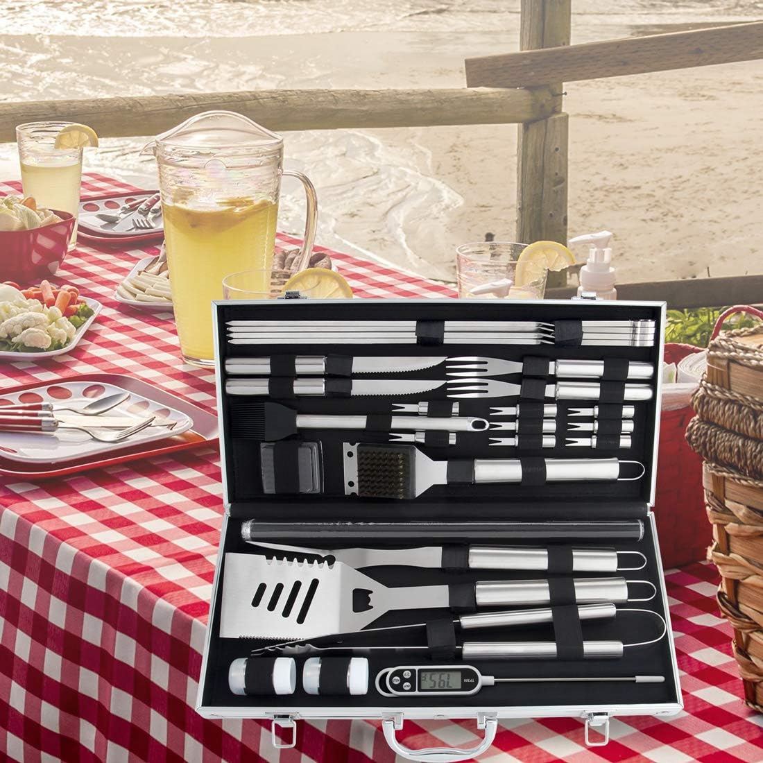 ROMANTICIST 28pc BBQ Accessories Set with Thermometer - The Very Best Grill Gift on Birthday Wedding - Heavy Duty Stainless Steel Grill Set in Case for Outdoor Cooking Camping Grilling Smoking : Sports & Outdoors