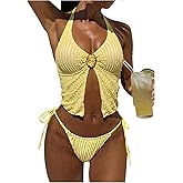 Verdusa Women's 2 Piece Halter Bikini Set Textured Slit Tie Backless High Cut Swimsuit Vacation Outfits