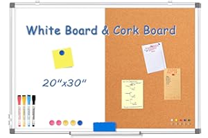 WALGLASS Combination Magnetic White Board & Cork Board, 20"x30" Cork Board White Board Combo for School, Office&Home, Dry Erase Board Bulletin Board with Removable Tray, Pins, Eraser, Markers&Magnets