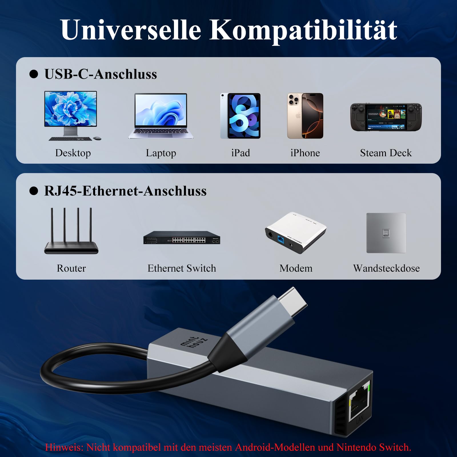 Minthouz USB LAN Adapter,5G Ethernet Adapter,Aluminium RJ45 USB C auf Netzwerkadapter für Dell/HP/Mac,Thunderbolt 4/3 LAN Ethernet Stecker mit 10G Spec für NAS Windows, MAC, Linux 6