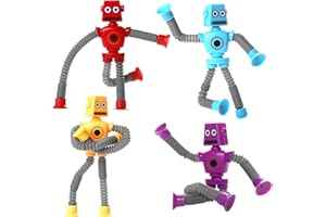 UGJ Bendable Robot Figures, Basket Stocking Stuffer Set of 4 Flexible Men, Telescopic Suction Cup Robot Toy, Telescopic Pop Tubes, Fidget Tubes Sensory Toys for Girls Boys