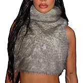 Women's Faux Fur Vest Coats Sleeveless Turtleneck Zipper Back Y2k Fuzzy Rave Party Crop Top