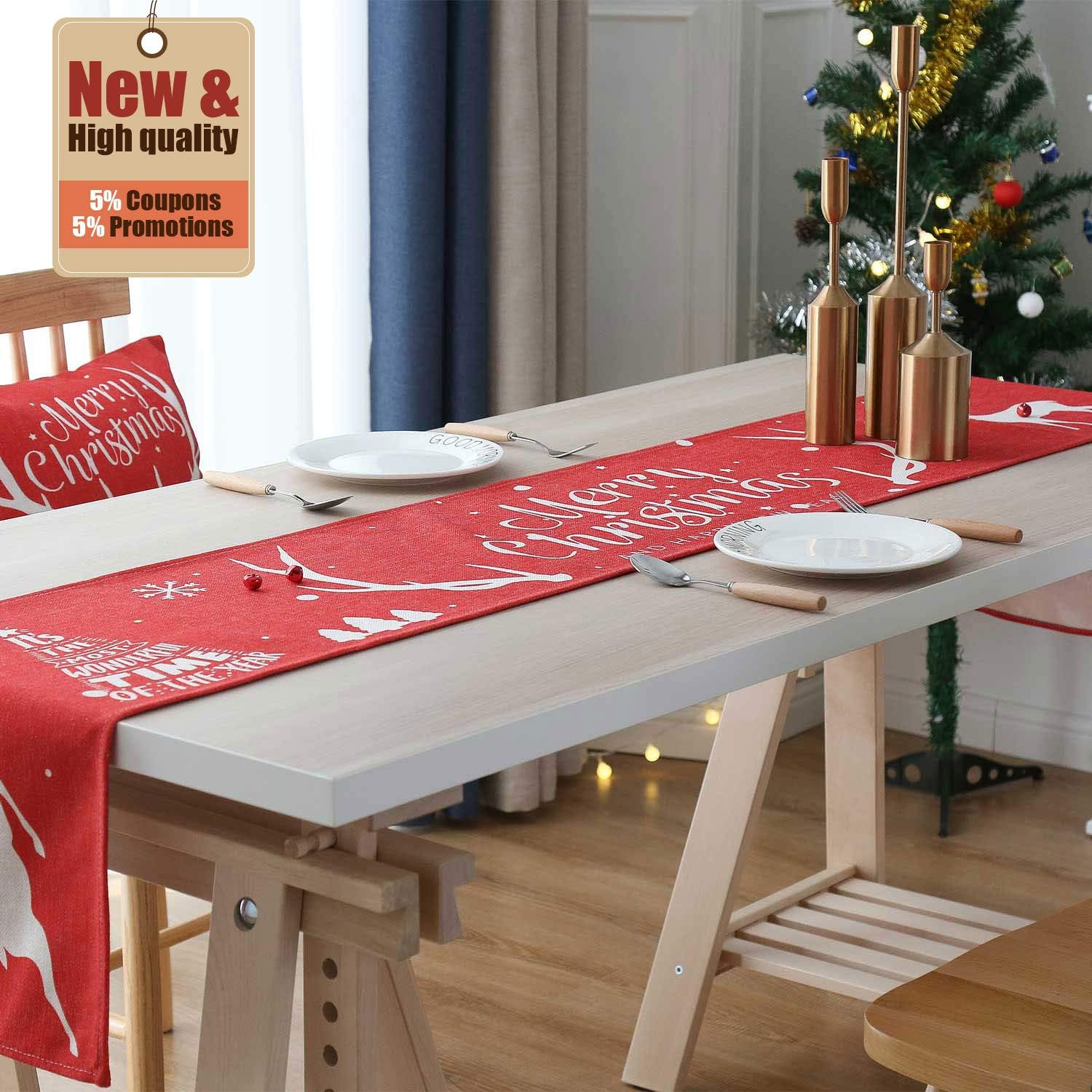 Jacriah Christmas Table Runner,Natural Material,Cotton and Linen Table Decoration,Xmas Deer and Tree Decor Home Ornaments Decorations,Supplies 12x78 inch,Red and Green.