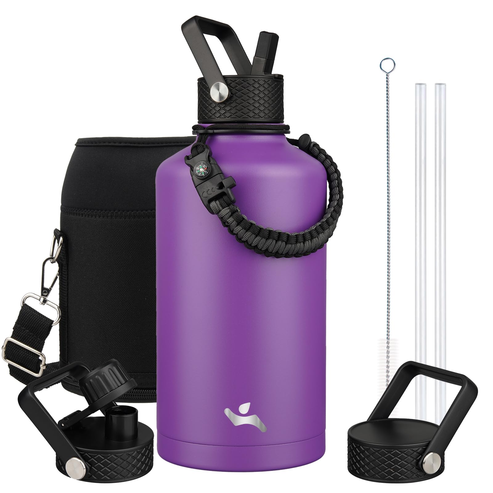Konokyo Insulated Water Bottle with Straw,87 oz 3 Lids Water Jug with Carrying Bag,Paracord Handle,Double Wall Vacuum Stainless Steel Metal Flask,Purple Image