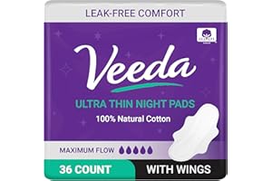 Veeda Ultra Thin Night Pads for Women - Super Absorbent Overnight pads with wings - Feminine Pads with Overnight Absorbency - Unscented & Chlorine free Sanitary Napkins - 36 Count